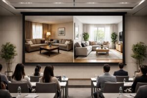 découvrez l'effet spectaculaire du home staging avec une projection avant/après grandeur nature sur écran de projection pour visualiser la transformation de votre intérieur.