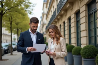 Couple d'acheteurs exigeants devant un immeuble haussmannien à Lyon, consultant des documents immobiliers
