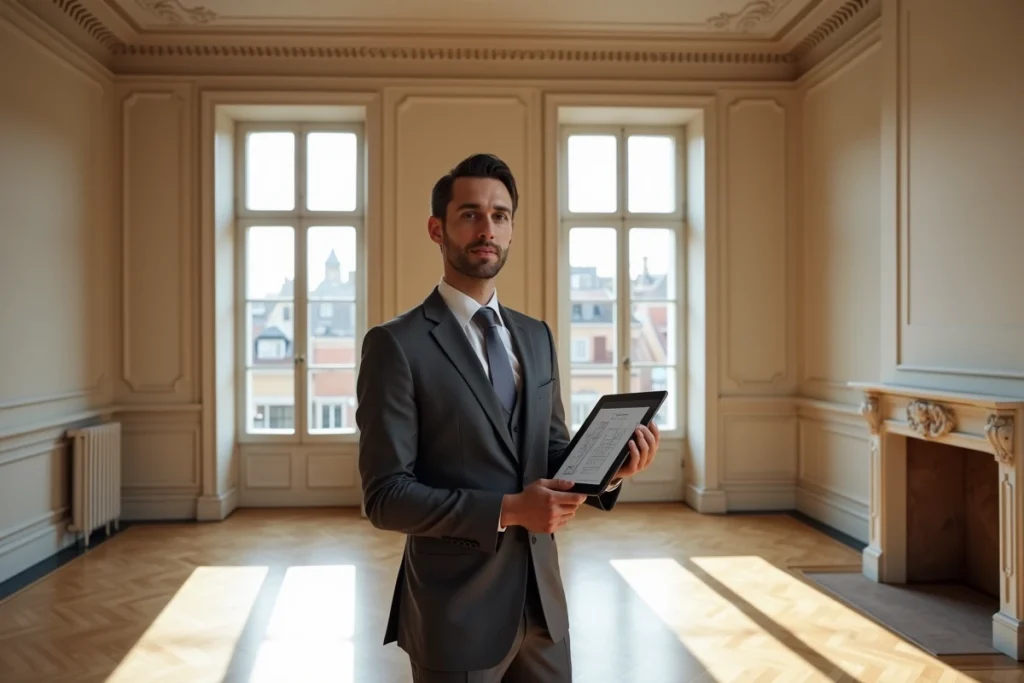 Agent immobilier présentant un appartement de prestige à Lyon avec parquet et vue sur Fourvière