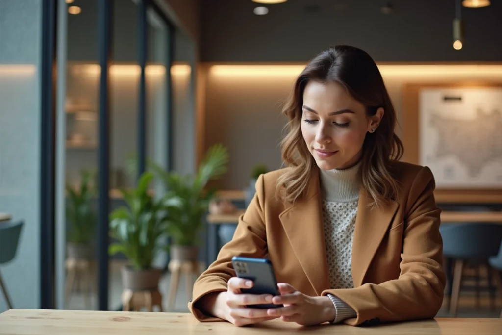 Femme cadre consultant une annonce immobilière en agence à Lyon sur smartphone