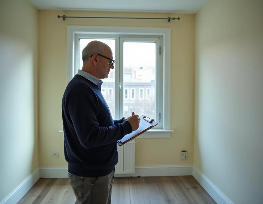 Propriétaire inspectant l'état d'un appartement meublé après le départ du locataire