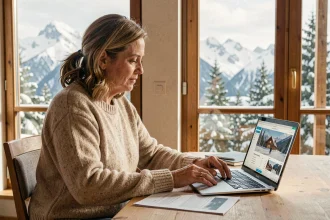 Propriétaire étudiant un dossier d'achat d'appartement aux Menuires avec vue sur les montagnes enneigées