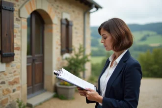 Agent immobilier évaluant une propriété rurale en pierre lors d'une estimation immobilière à la campagne