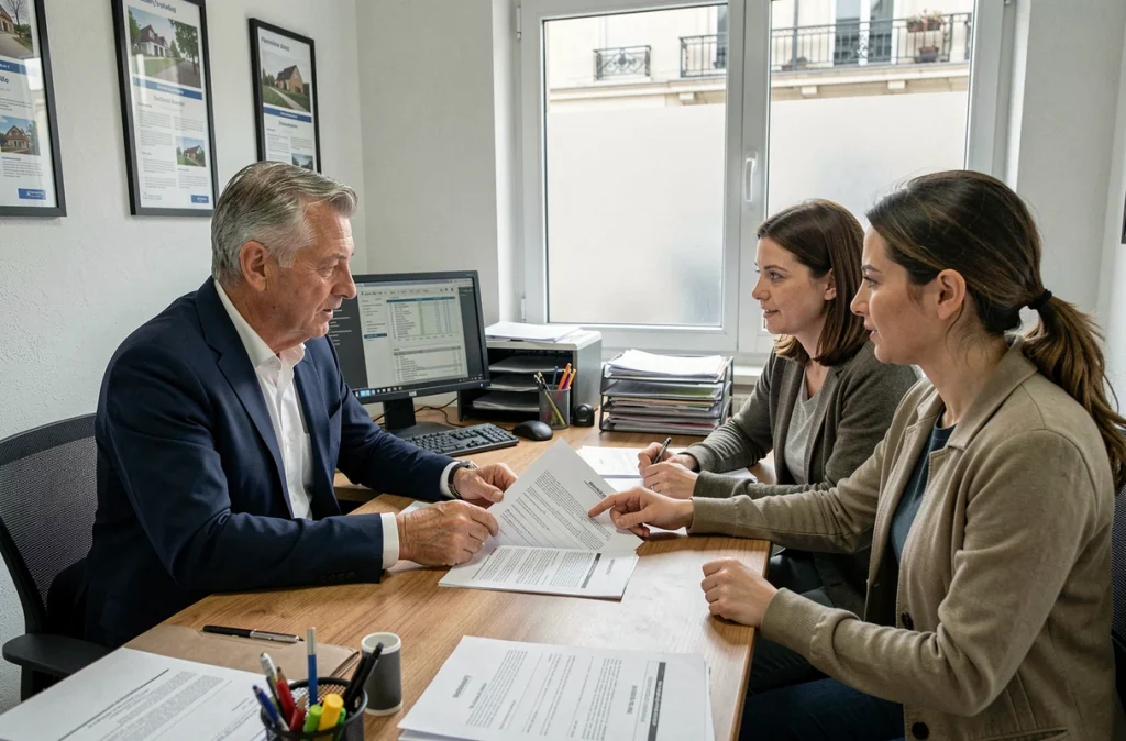 Agent immobilier expliquant les règles de renouvellement de bail et les limites légales de hausse de loyer à des locataires