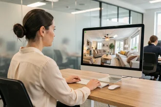 Femme agent immobilier explorant une visite virtuelle 360 degrés sur un écran d'ordinateur dans une agence moderne