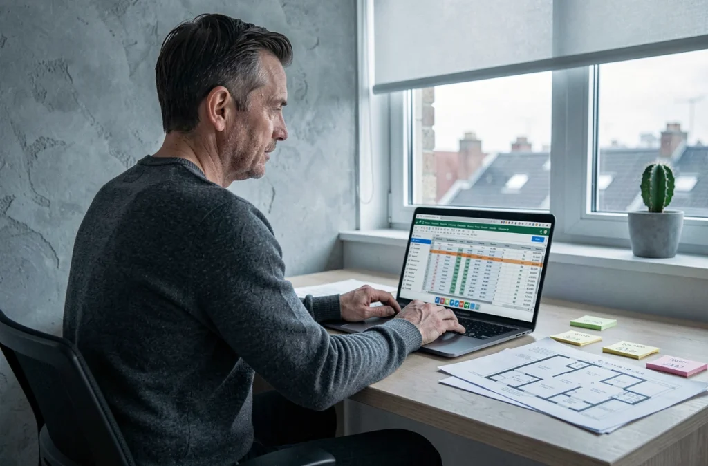 Particulier analysant une simulation fiscale immobilière sur ordinateur portable dans un bureau à domicile