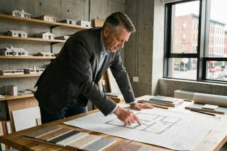 Architecte expérimenté étudiant des plans résidentiels dans un studio de conception moderne