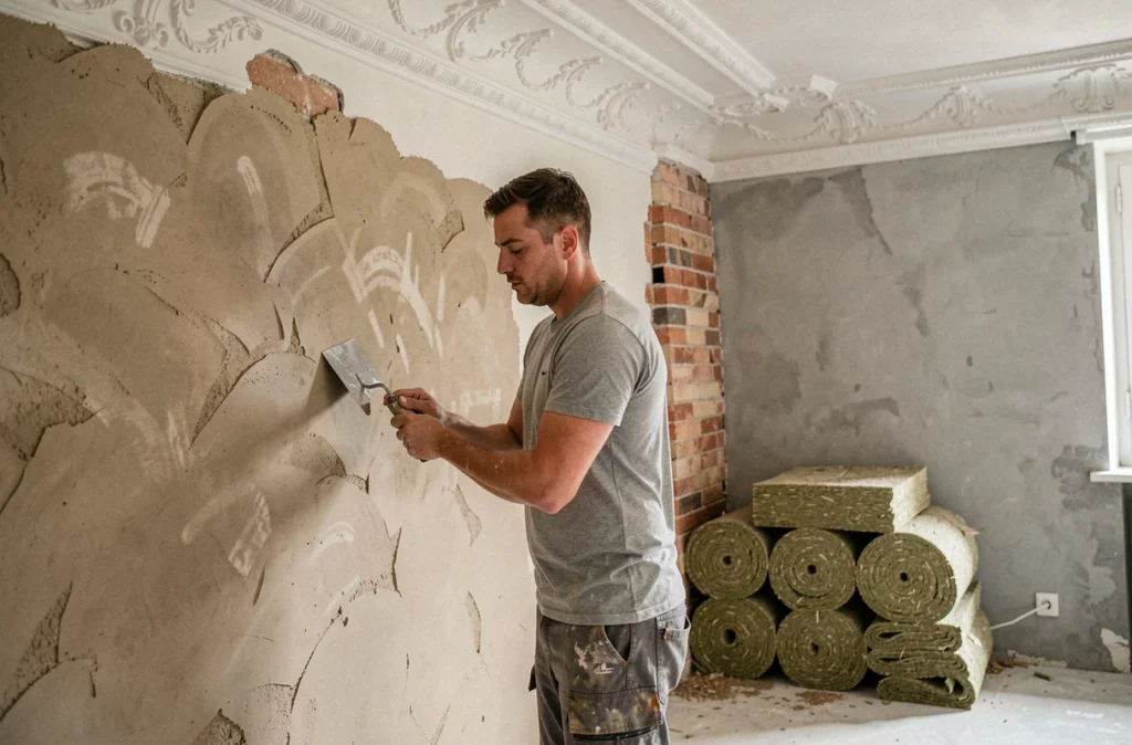 Artisan appliquant un enduit à la chaux naturelle sur un mur d'appartement haussmannien en rénovation