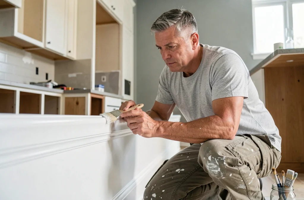 Artisan appliquant de la peinture sans solvant sur une plinthe lors d'une rénovation de cuisine