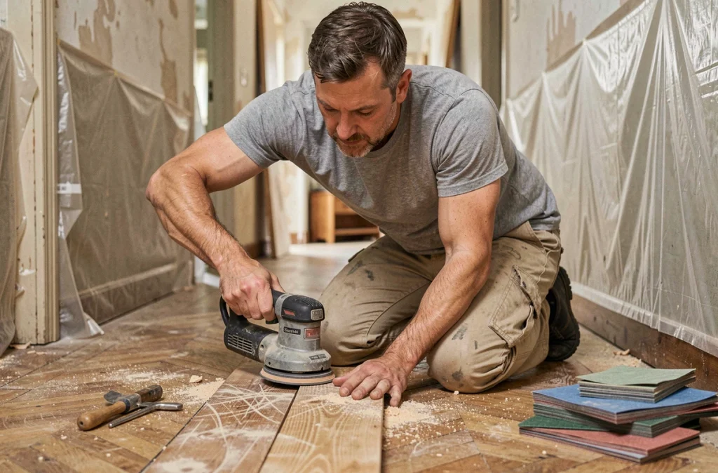 Artisan ponçant un vieux parquet en bois dans un couloir de maison de ville en cours de rénovation