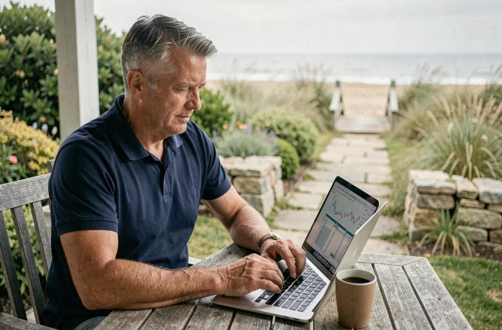 Propriétaire analysant la rentabilité de sa maison de vacances en bord de mer sur ordinateur