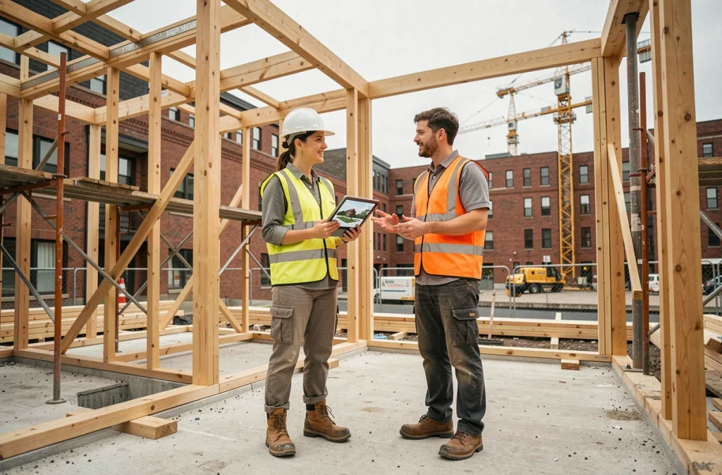 Chef de chantier supervisant la construction d'un immeuble résidentiel avec son équipe