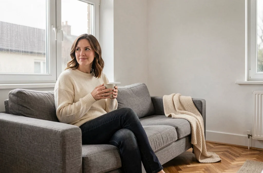Femme confortablement installée dans un salon bien isolé thermiquement en hiver, tenant une tasse de thé