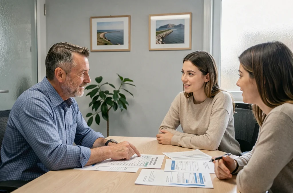 Conseiller bancaire présentant un plan de financement immobilier à un couple en Normandie