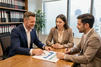 Conseiller en investissement immobilier défiscalisant présentant un dossier à un couple dans un bureau professionnel moderne