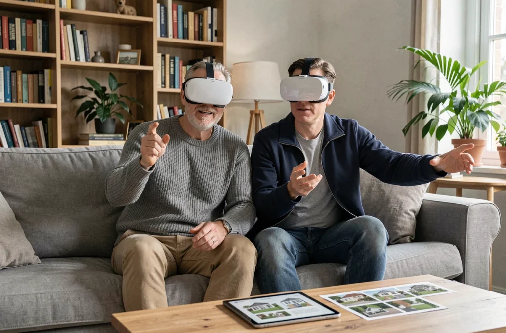 Couple portant des casques VR pour visiter virtuellement un bien immobilier depuis leur salon
