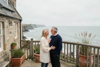 Couple de quadragénaires sur la terrasse d'une maison normande en bord de mer contemplant la Manche depuis leur résidence principale