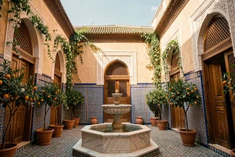Cour intérieure d'un riad traditionnel à Marrakech avec fontaine en marbre, zelliges colorés et arches en stuc sculpté, idéal pour un achat immobilier