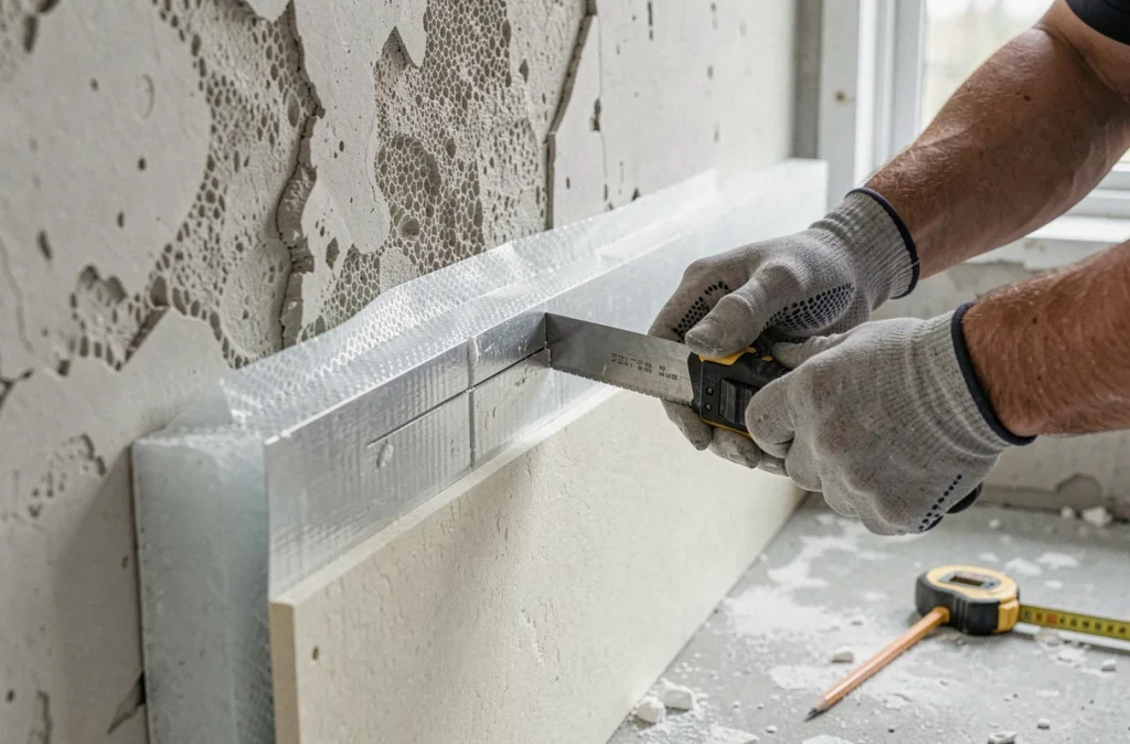 Gros plan sur les couches d'isolation thermique par l'intérieur d'un mur en cours de rénovation énergétique