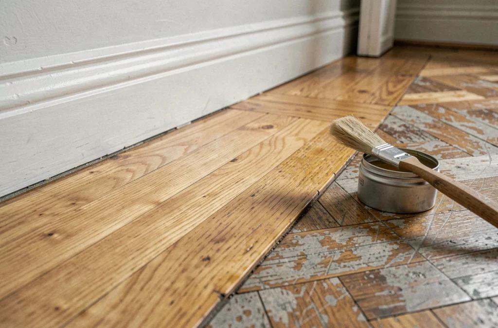 Détail de la restauration d'un parquet ancien montrant le contraste entre une section rénovée et une partie non traitée