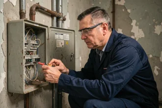 Électricien professionnel inspectant un tableau électrique ancien dans un logement vétuste pour mise aux normes
