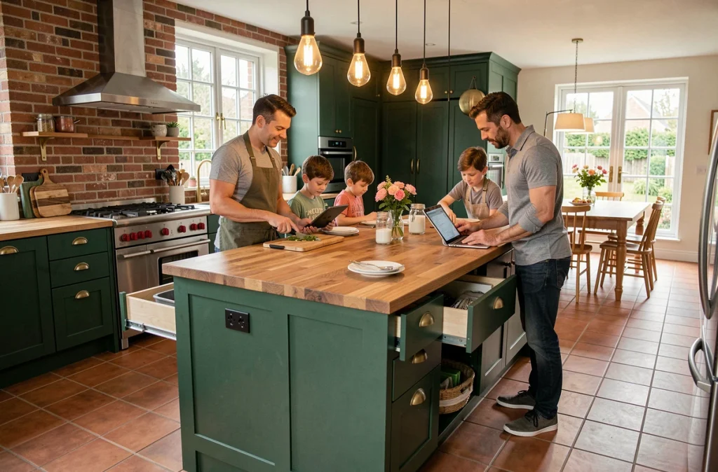 Famille réunie autour d'un îlot central dans une cuisine réaménagée avec rangements intégrés et assises