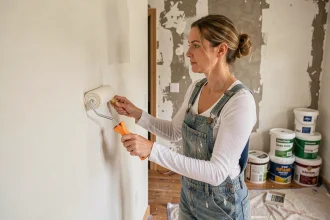 Femme appliquant une peinture sans solvant sur un mur intérieur lors d'un projet de rénovation