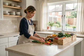 Femme réorganisant les rangements d'une cuisine familiale modernisée avec des compartiments en bois ouverts