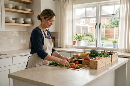 Femme réorganisant les rangements d'une cuisine familiale modernisée avec des compartiments en bois ouverts