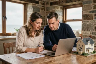 Couple étudiant un dossier de financement immobilier dans un cottage normand au bord de mer