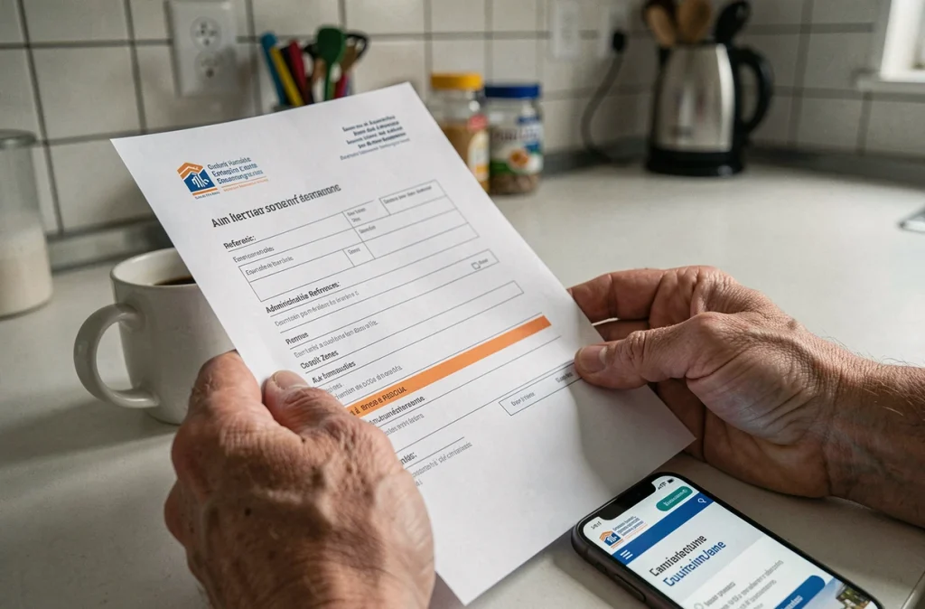 Mains tenant un formulaire de demande de logement social avec une erreur de numéro ALIN à corriger