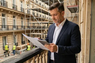 Gestionnaire de copropriété consultant un plan de chantier sur tablette devant un immeuble haussmannien en travaux avec échafaudages