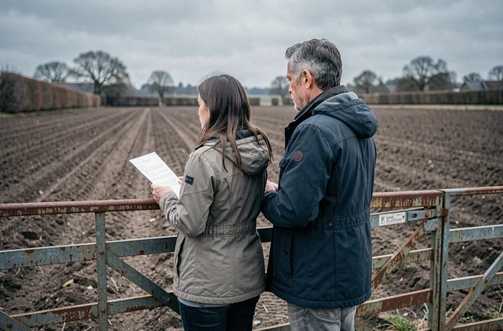 Couple d'héritiers devant une parcelle agricole à récupérer après une succession