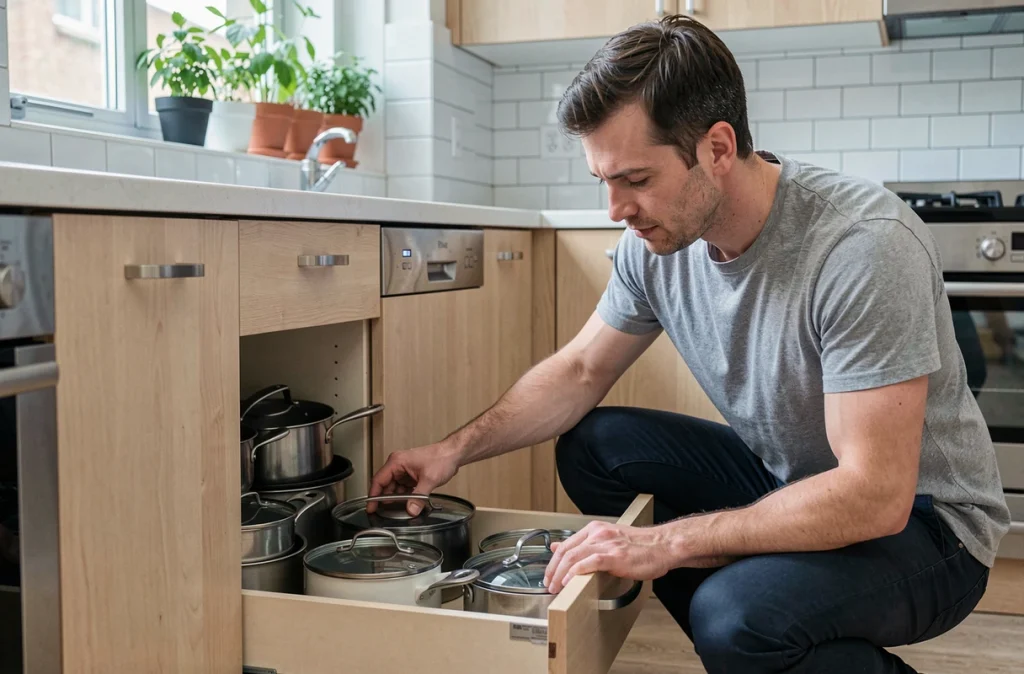 Homme accroupi devant un tiroir coulissant optimisé dans une cuisine d'appartement urbain bien organisée
