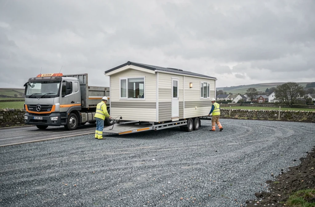Livraison et installation d'un mobil home sur un terrain privé par des professionnels avec camion de transport