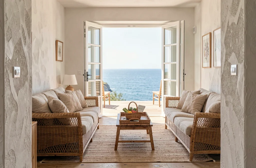 Intérieur lumineux d'un appartement en bord de mer aménagé pour la location saisonnière rentable