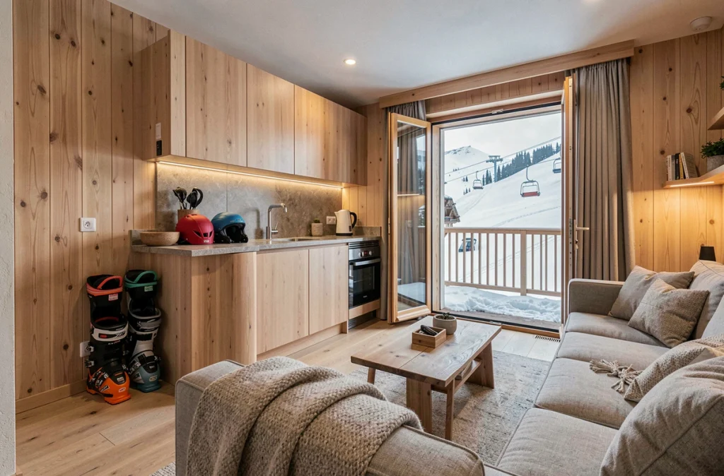 Intérieur d'un appartement de montagne aux Menuires aménagé pour la location à la semaine