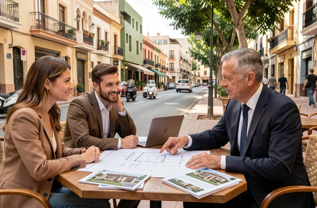 Couple en réunion avec un agent immobilier à Marrakech pour discuter d'un investissement immobilier locatif