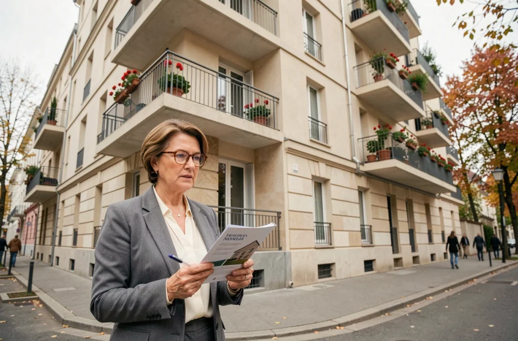 Investisseuse étudiant un immeuble résidentiel neuf dans le cadre d'un investissement immobilier défiscalisant