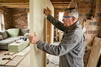 Artisan posant des panneaux d'isolation thermique par l'intérieur sur un mur en brique d'une maison en rénovation