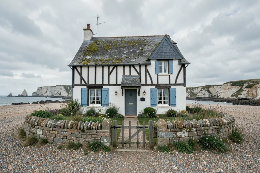 Maison normande à colombages avec volets bleus en bord de mer sur plage de galets avec falaises en arrière-plan