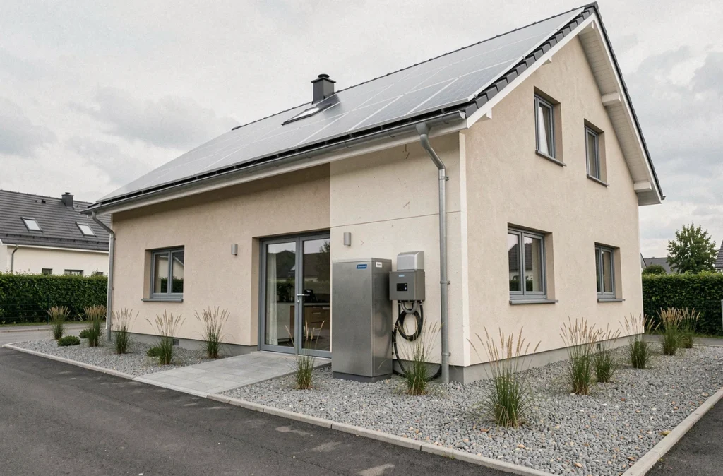 Maison rénovée avec pompe à chaleur et panneaux solaires illustrant une rénovation énergétique complète