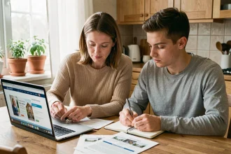Mère et fils adulte consultant des aides au logement ensemble à la table familiale