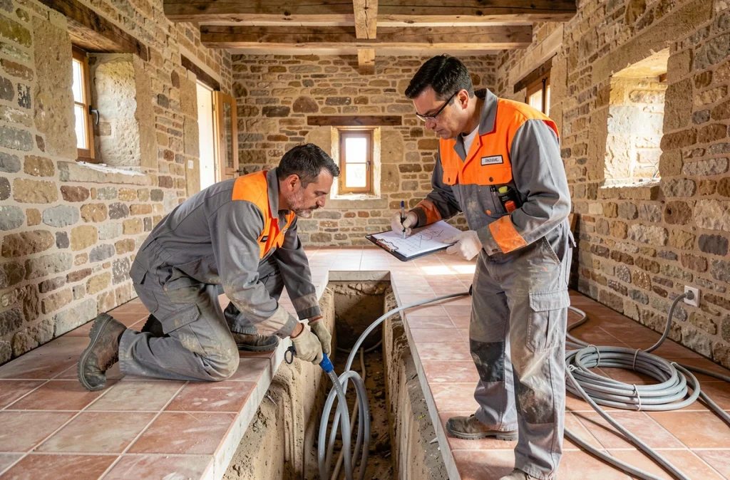 Deux électriciens réalisant une mise aux normes électrique complète dans une maison ancienne en rénovation