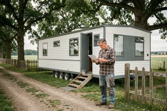 Homme examinant des documents administratifs devant un mobil home installé sur un terrain privé en zone rurale