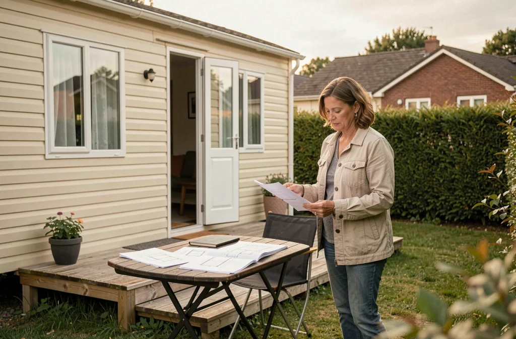 Femme consultant des plans d'urbanisme sur la terrasse d'un mobil home installé sur un terrain privé résidentiel