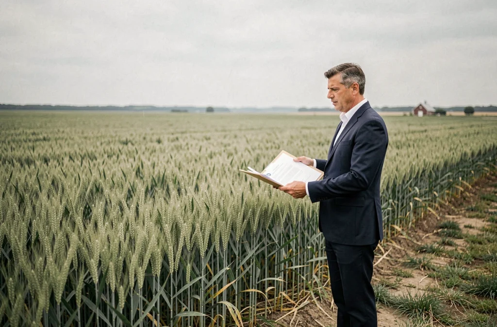 Notaire debout dans un champ agricole tenant des documents juridiques de succession