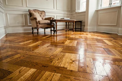 Parquet ancien en chêne rénové avec motif en chevrons dans un salon de maison de ville aux moulures blanches