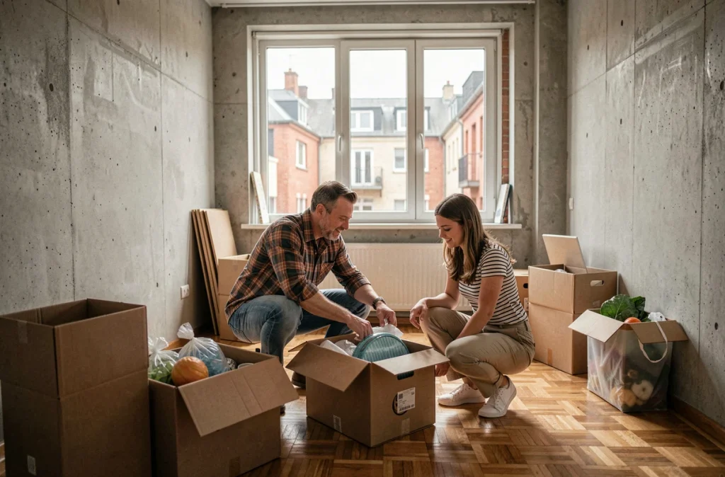 Père aidant sa fille à emménager dans son premier appartement étudiant