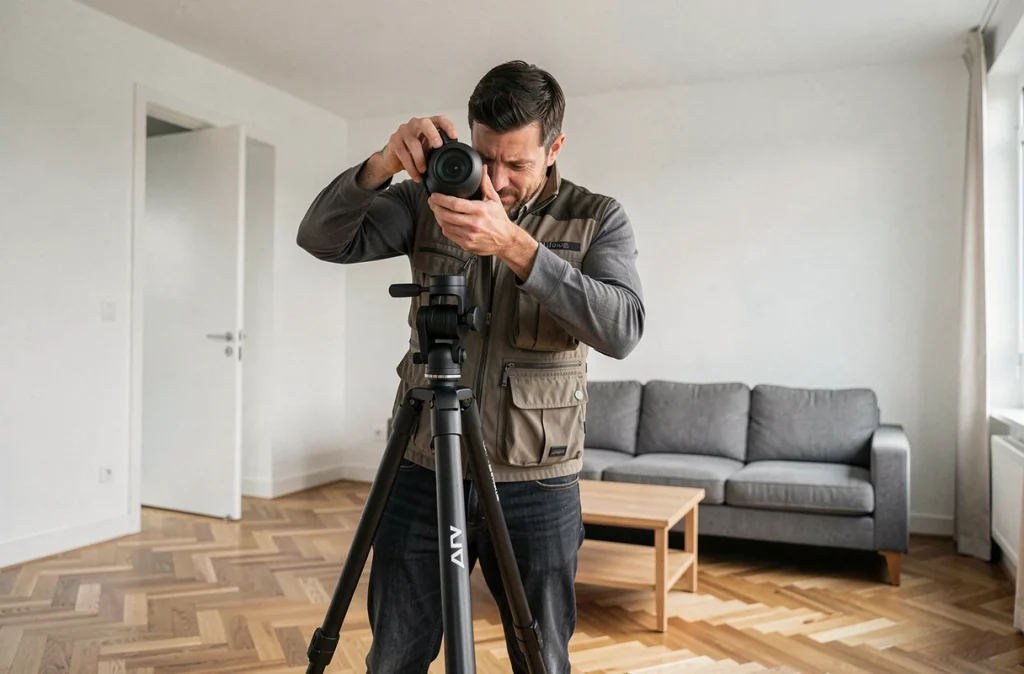 Photographe professionnel configurant une caméra 360 degrés sur trépied dans un appartement vide pour une visite virtuelle immobilière